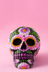 Typical Mexican skull with flowers painted on pink background. Dia de los muertos. 