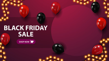 Black friday sale, discount pink template with copy space, place for your photo, and balloons