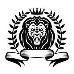 Angry lion with laurel wreath and ribbon on a white background.