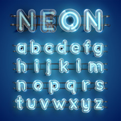 Realistic blue neon character set with plastic case around, vector illustration