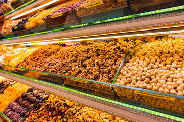 various types of nuts on display in Spice Bazaar i Istanbul, Turkey