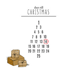 Days till Christmas countdown with hand-drawn gifts and calendar greeting invitation, advertising, social media post, blog article, website banner, invitations, wallpaper, fabrics, typography