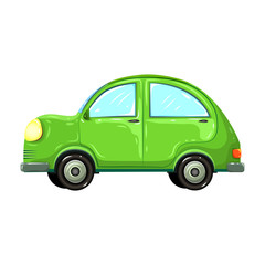 illustration of colorful green car isolated on white background. hatchback green car side view. comic, or cartoon auto. green car in retro style. drawn eco friendly traveler car.