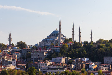 Fototapeta na wymiar View of the Suleymaniye mosque and surrounding buildings on a bright day in Istanbul / Turkey