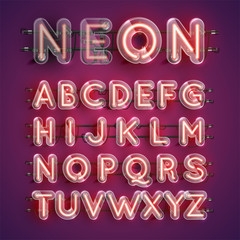 Realistic red neon character set with plastic case around, vector illustration