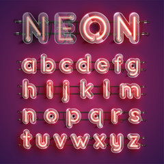 Realistic red neon character set with plastic case around, vector illustration