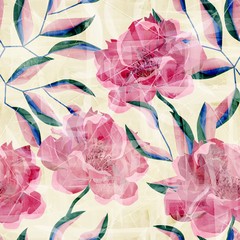 Seamless pattern of pink peonies with green leaves on a white background through the broken glass.