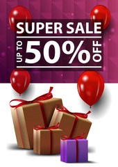 Super sale, up to 50% off, vertical white and purple banner with polygonal texture and gift boxs
