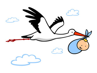 Illustration von Storch mit Baby im Himmel fliegend
