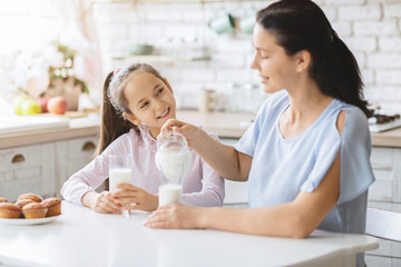 Mother and daughter drinking milk in kitchen together