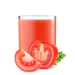 Glass of tomato juice and cut tomatoes isolated on white background