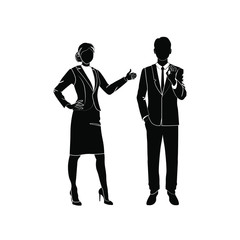 Businessman, manager shows ok vector. Business woman shows like, thumbs up. Vector illustration black on white background. Success and business negotiation concept.