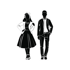 Fashionable girl and guy vector. Fashion. Man and woman silhouette vector. Fashionable young couple. Girl in the dress of the 60's. Guy in a classic suit and bow tie