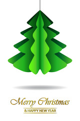 Christmas card with a paper Christmas tree. Vector illustration of Christmas and new year toys for decoration to create a festive mood.