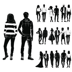 Set of trendy guys and girls vector. Fashionable man and woman vector. Fashionable young couples. Fashion concept vector black on the white background isolated. Clothes for different occasions.