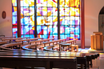 Modern church in Ireland inside stained glass