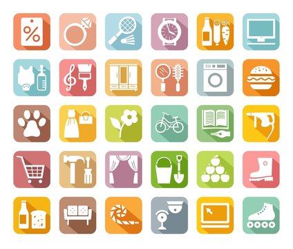 Shops, colored flat icons, vector. Different categories of stores. White icons on a colored field with a shadow.  