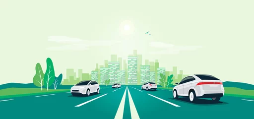 Wall murals Cartoon cars Traffic on the highway panoramic perspective horizon vanishing point view. Flat vector cartoon style illustration urban landscape motorway with cars, skyline city buildings and road going to the city.