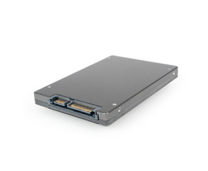 A 2.5in SSD disk drive isolated on a white background background. Shallow depth of field has been...