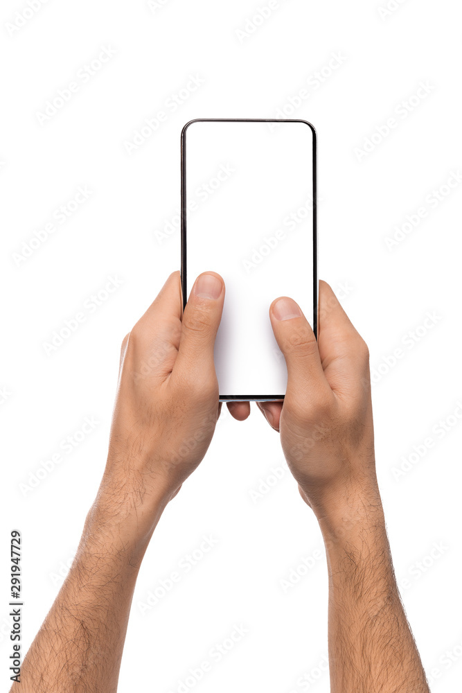 Poster Man holding blank modern smartphone with two hands