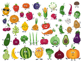 Fototapeta premium Set of vegetables, fruits and berries in cartoon style