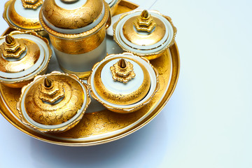 Traditional Thai benjarong ceramic bowls on white background