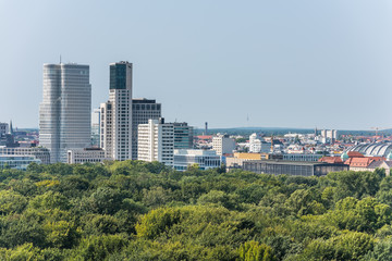 Naklejka premium Panoramic city view of Berlin from the top of the Berlin Victory Column in Tiergarten, Berlin, with modern skylines and churches.