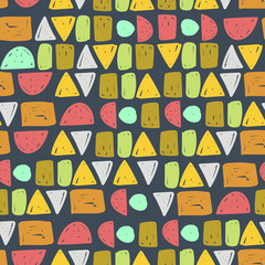 Vector seamless geometric doodle pattern with colorful shapes on dark background.