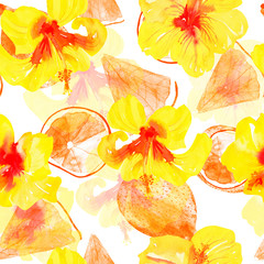 tropical fruit and flower print, seamless watercolor pattern, citruses, oranges, yellow Hawaiian hibiscus flowers on a white background.