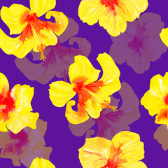 tropical floral background of yellow watercolor hibiscus, seamless pattern of Hawaiian flowers on a purple background, a bright contrast print, large buds.