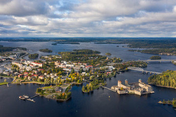 Fototapeta na wymiar City Savonlinna bird's eye view, view of the castle Olavinlinna.