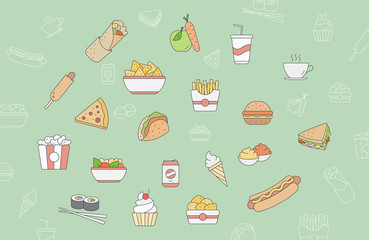 Fast food icons set - Vector color symbols and outline of sandwich, burger, hot dog, meat and desserts for the site or interface
