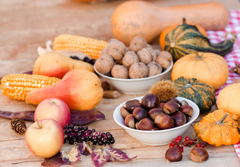 Naklejka na ściany i meble Harvest on table, healthy seasonal fruit and vegetable - thanksgiving