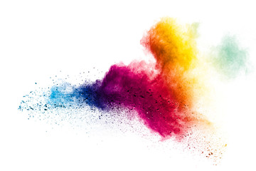 Colorful powder explosion on white background.Pastel color dust particle splashing. - obrazy, fototapety, plakaty