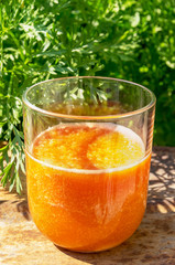 Glass of fresh carrot juice on rustic table