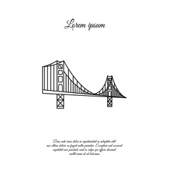 US symbol - Golden Gate Bridge. Vector landmark isolated over the white background. San Francisco, United States of America. Side view. Flat style illustration. Line, linear icon black logo. 