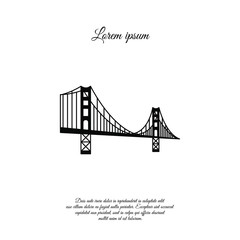 US symbol - Golden Gate Bridge. Vector landmark isolated over the white background. San Francisco, United States of America. Side view. Flat style illustration. icon black logo. 