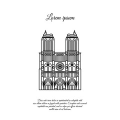 Notre Dame de Paris line vector. Travel vector banner or logo. The famous Cathedral of Notre Dame de Paris, France. French landmark. The Catholic Church in the center of Paris, Gothic architecture