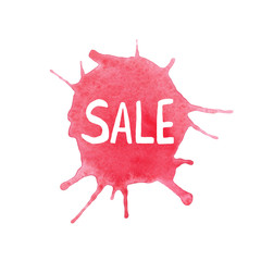 Sale label hand written on watercolor stain background. store sale