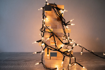 Wooden block tower with party light, planning a party for the event where successful in project for use in various festivals