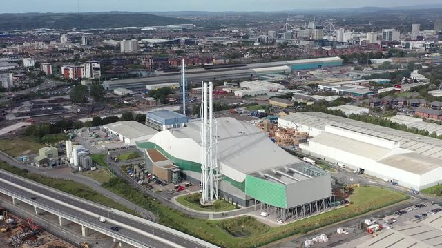 Aerial view of Garbage incineration plant. Waste incinerator plant in Splott, Cardiff, Wales, UK.  The problem of environmental pollution by factories