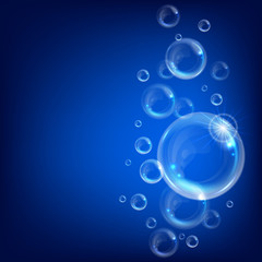 Realistic transparent floating soap bubbles. Design element for advertising booklet, flyer or poster