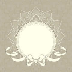 Vintage background with lace frame and ribbon for greeting card, invitation or announcement