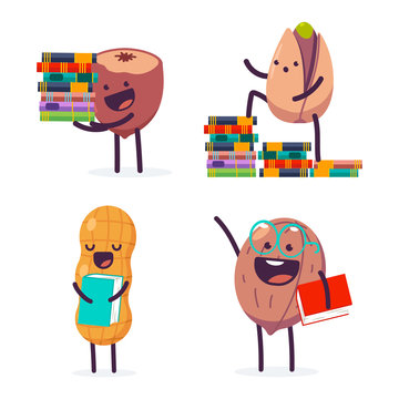 Cute nut with book vector cartoon characters set isolated on a white background.