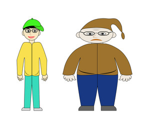 Overweight man and slim man after diet. Object isolated in vector.