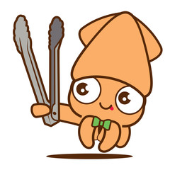 Cartoon cute squid with bowtie holding a grill tongs, vector mascot character. Korean BBQ grill squid character mascot. - vector