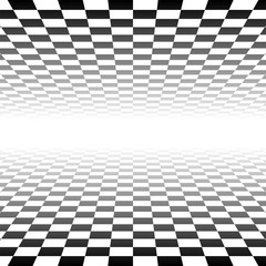 Chessboard, checkerboard surface vanishing into horizon. 3d plane scene, virtual interior room