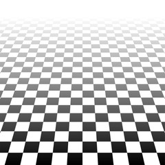 Chessboard, checkerboard surface vanishing into horizon. 3d plane scene, virtual interior room