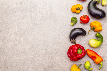 Trendy ugly organic vegetables. Assortment of fresh pepper, eggplant, cucumber, tomato, pumpkin - obrazy, fototapety, plakaty