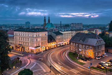 Opole, Poland. Aerial cityscape at dusk